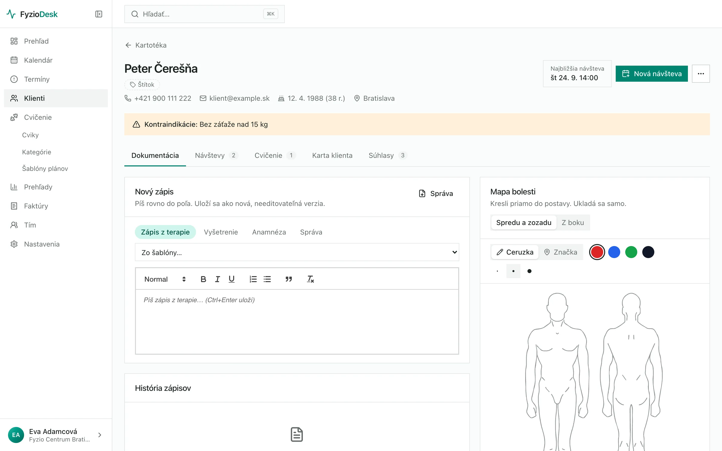 Client record: contraindication warning, note editor with templates and a body chart for marking pain