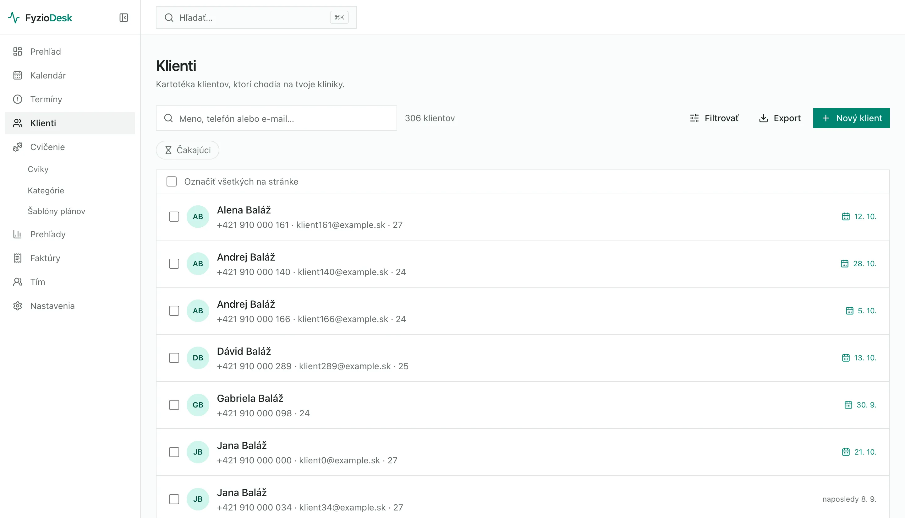 Client list with search, filters, export and next appointment dates