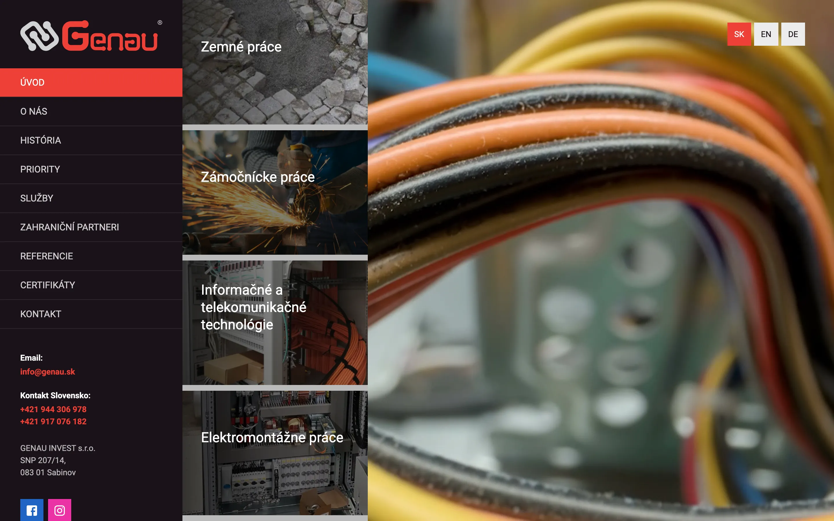 Genau home page: earthworks, metalwork, ICT and electrical installation tiles next to a dark sidebar menu