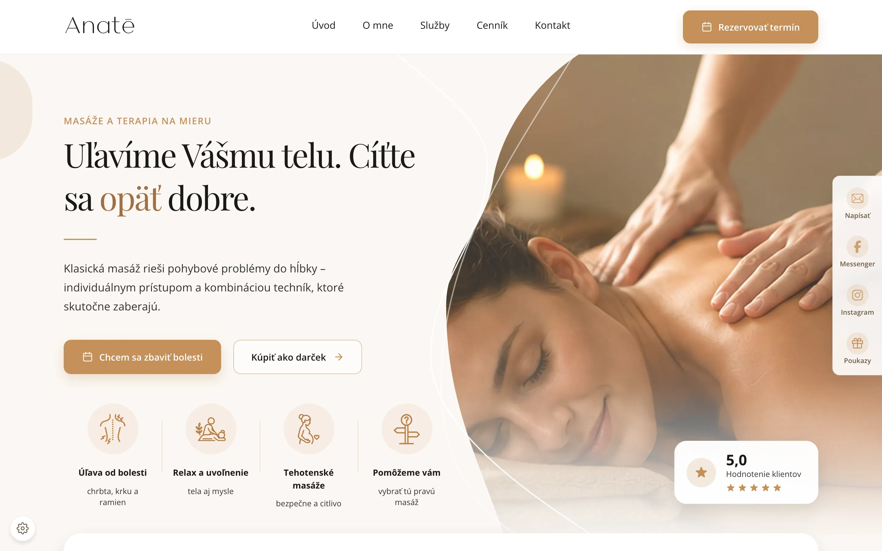 Anate home page: we relieve your body, feel good again, with booking and gift buttons