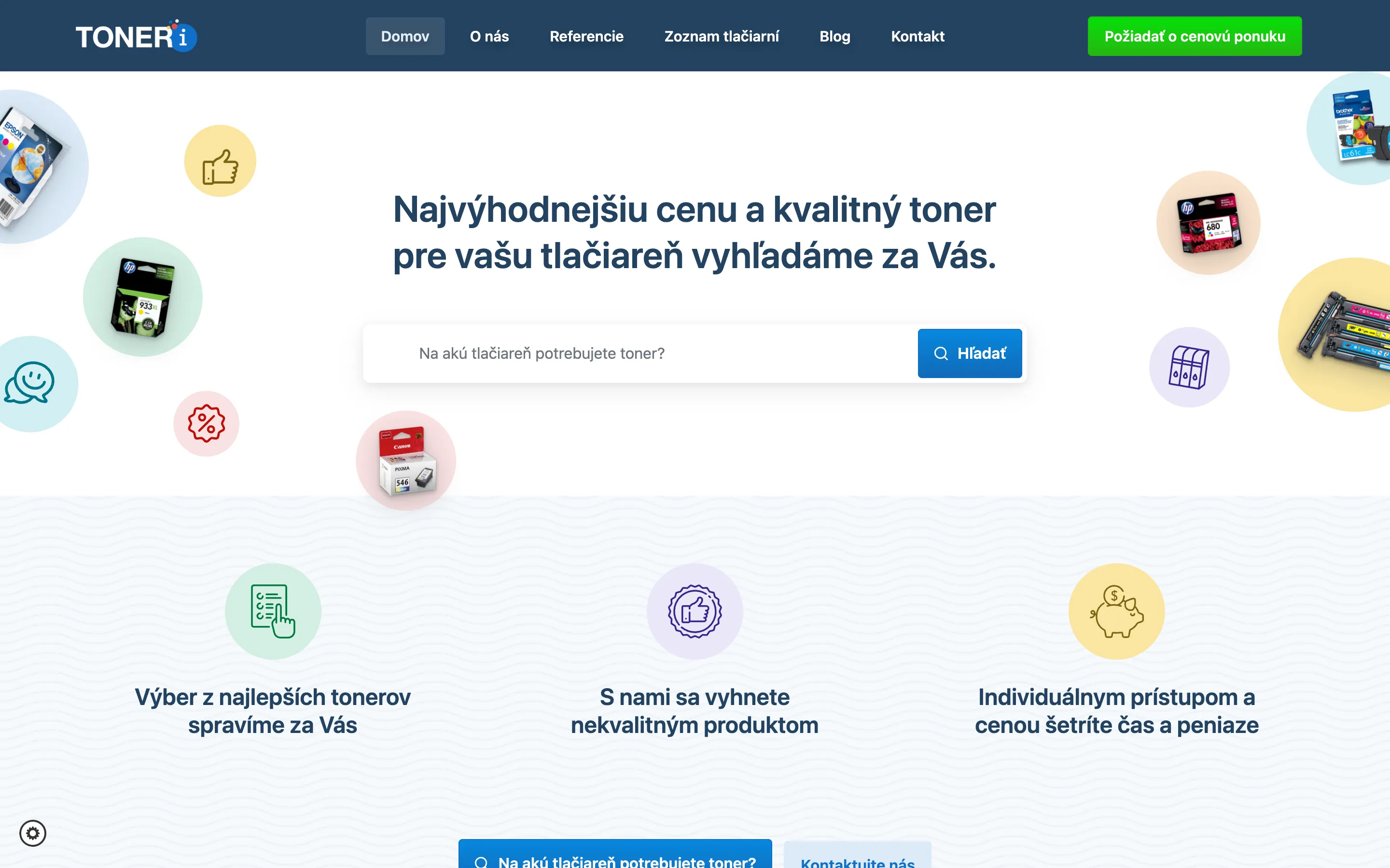 Toneri home page: we’ll find the best price and quality toner for your printer, with a search field