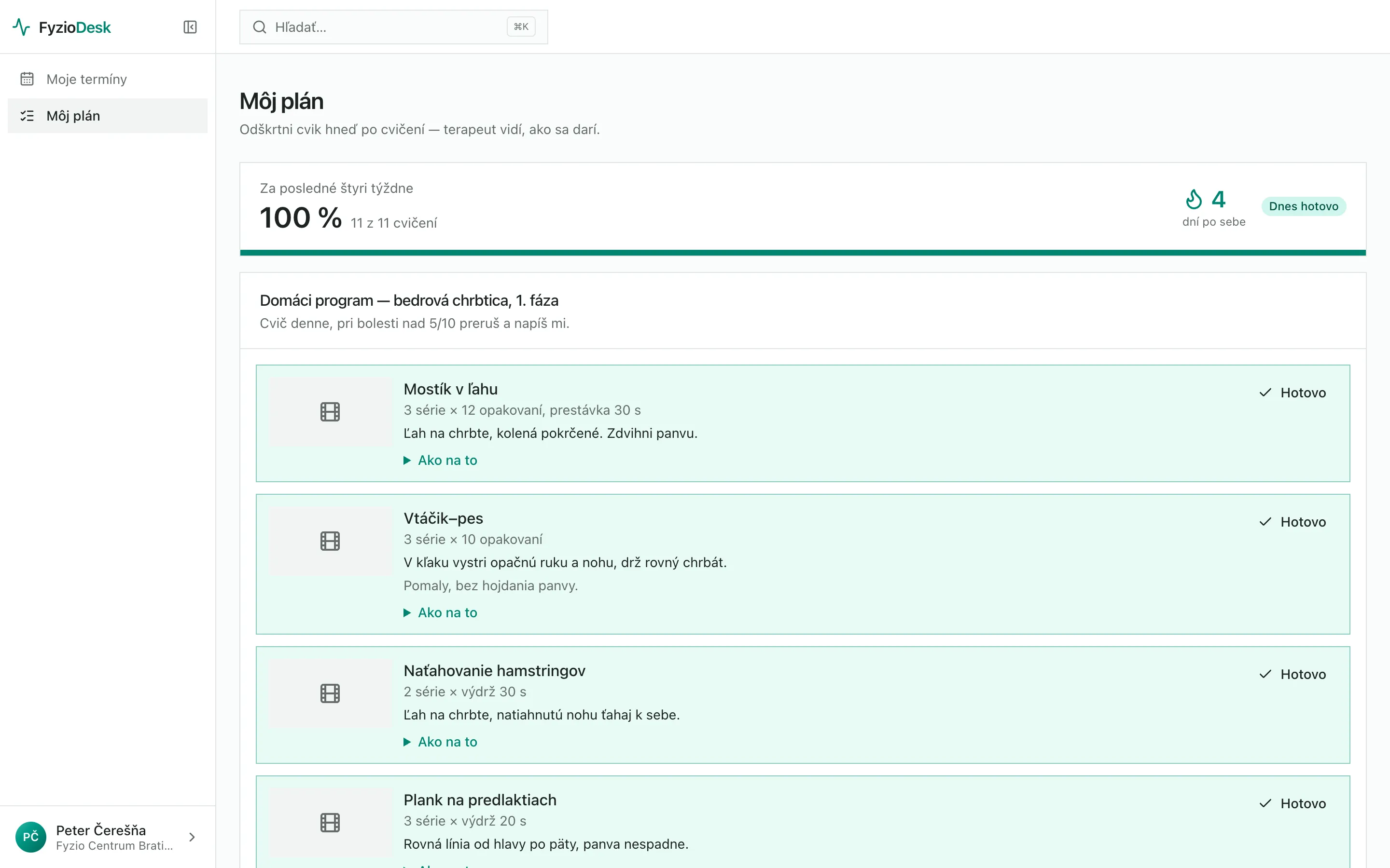 Client’s exercise plan: 100% over four weeks, a four-day streak and exercises checked off
